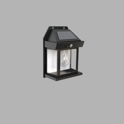 A Koko solar-powered wall lantern, black, with a classic lantern design housing a light bulb and topped with a solar panel, mounted against a plain gray background.