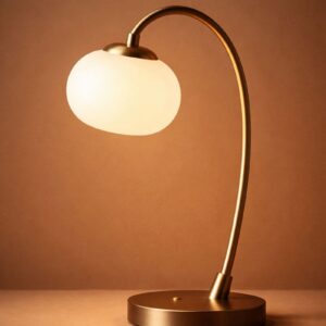 Modern bedside table lamp with warm white light, curved metal stand, and frosted glass shade on a neutral background