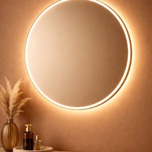 Round LED mirror light with warm white glow mounted on a bathroom wall, creating a soft and modern ambiance