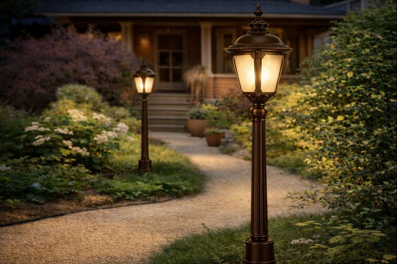 Modern outdoor garden lighting illuminating a stone pathway, wooden gate, and boundary wall with warm ambient light.