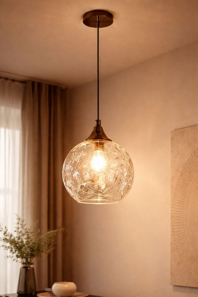 Modern glass pendant light with warm glow hanging in cozy interior corner