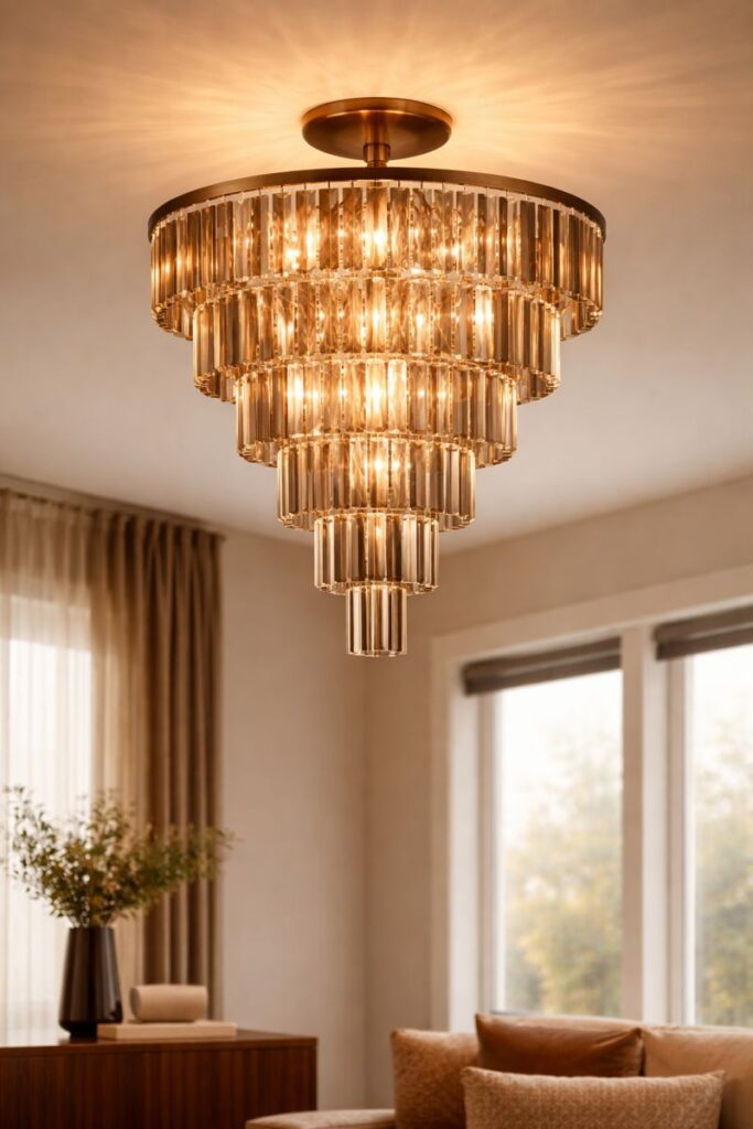 Elegant multi-tier crystal chandelier with warm golden lighting in modern living room