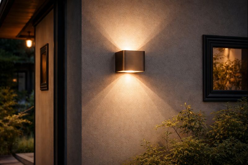 Modern outdoor wall light with warm upward and downward beam on exterior wall
