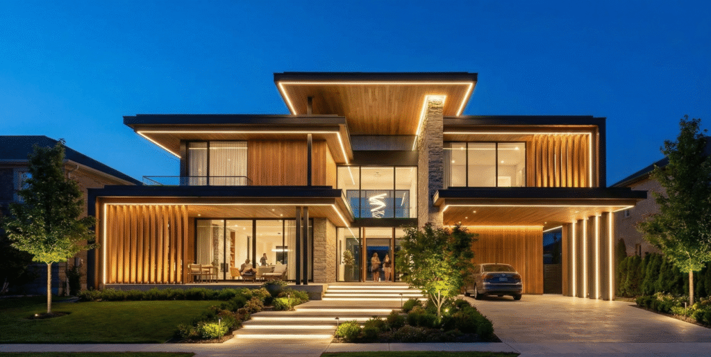 Modern luxury house exterior at night with warm architectural lighting