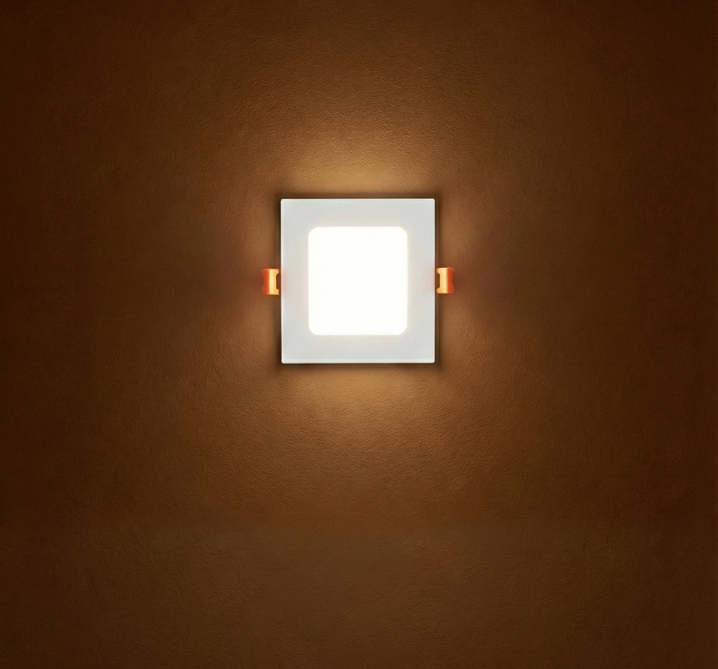 Square LED panel wall light with warm backlit glow on brown wall