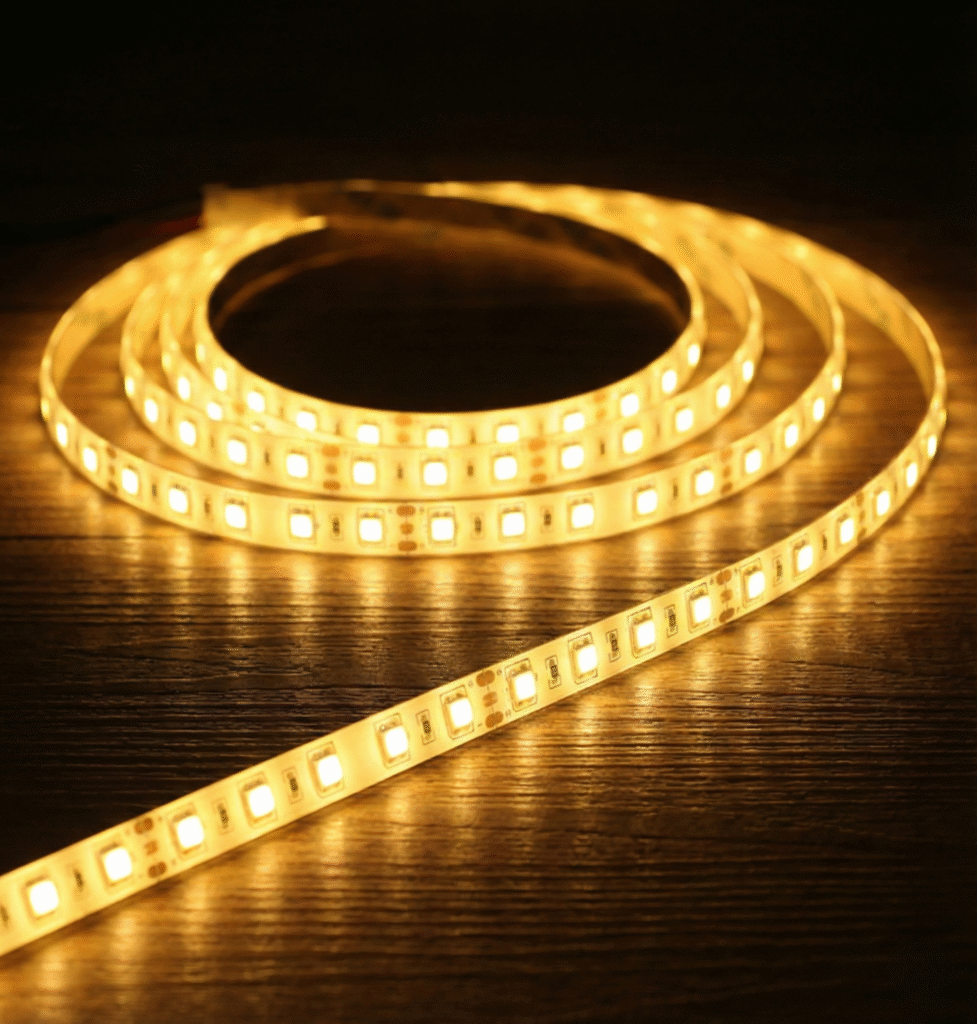 Warm white flexible LED strip light rolled in coil on dark surface