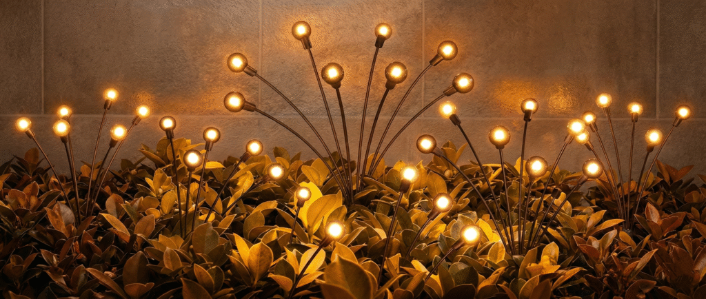 Warm glowing garden lamps illuminating plants at night, creating a soft and decorative outdoor lighting effect.
