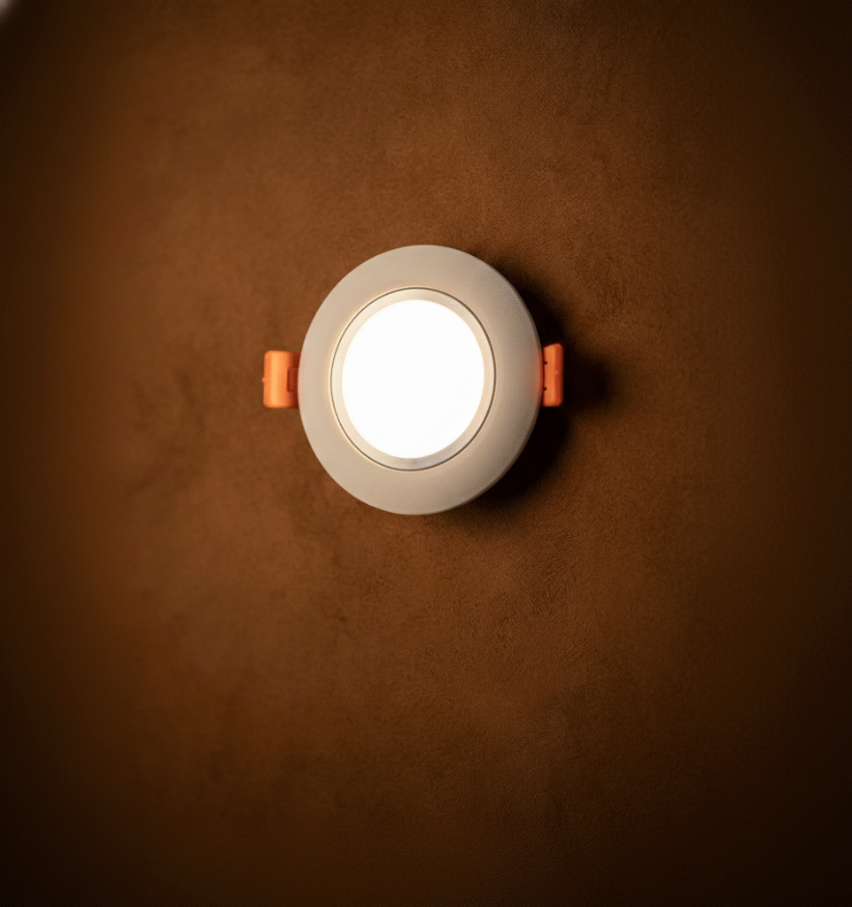 Round modern wall light mounted on a brown wall with warm glow