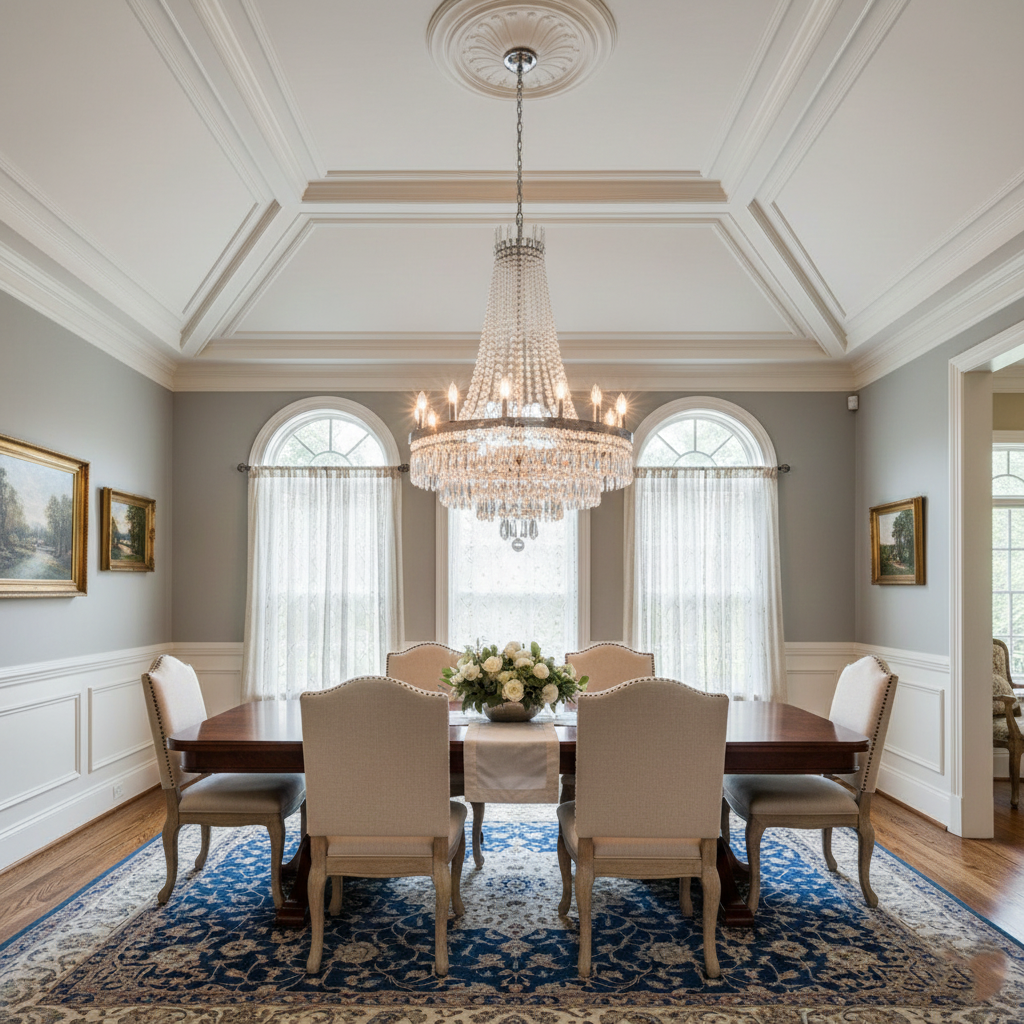 Luxurious traditional dining room with crystal chandelier, coffered ceiling, pale gray walls, white wainscoting, dark wood table, six upholstered beige chairs, and a detailed blue and ivory area rug. Features arched windows with sheer white curtains and classic landscape paintings in gold frames.