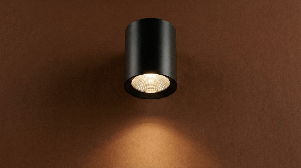 Black cylindrical COB wall light casting warm downward beam on brown wall