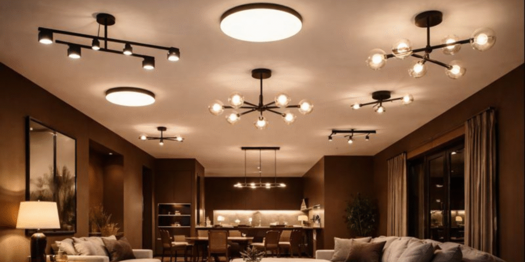 Modern house hall interior with warm ceiling lights and decorative chandeliers