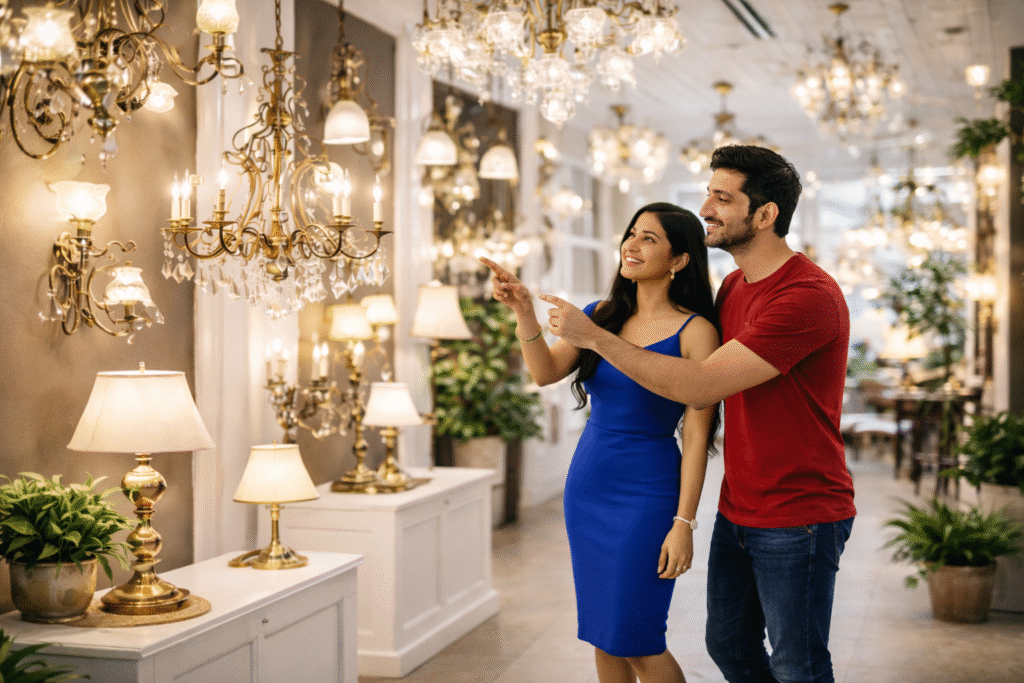 Couple choosing luxury chandeliers inside premium lighting showroom