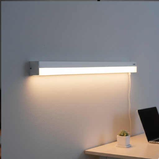 Modern LED tube light mounted on wall above desk with soft warm glow