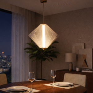 Modern pendant light in double height hall interior with warm ambient lighting