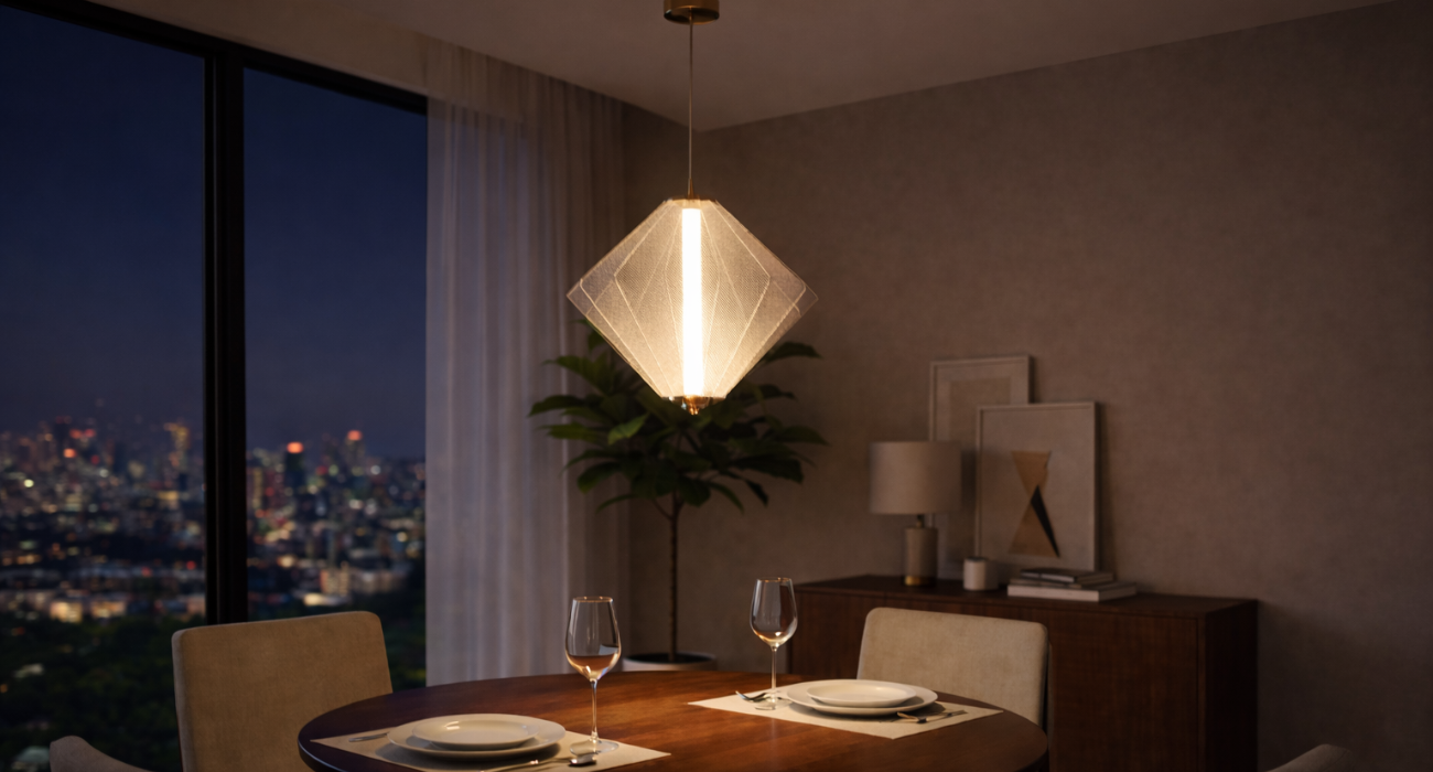 Modern pendant light in double height hall interior with warm ambient lighting