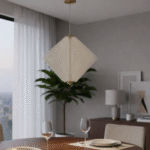 Modern pendant light in double height hall interior with warm ambient lighting