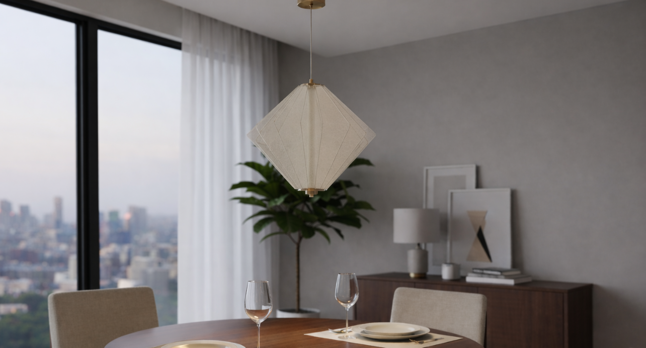Modern pendant light in double height hall interior with warm ambient lighting