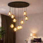 “Modern chandelier lighting in a warm brown-toned living room interior at night”