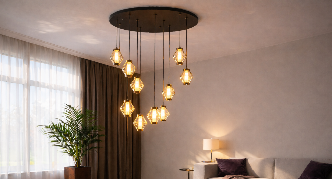“Modern chandelier lighting in a warm brown-toned living room interior at night”