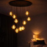 “Modern chandelier lighting in a warm brown-toned living room interior at night”