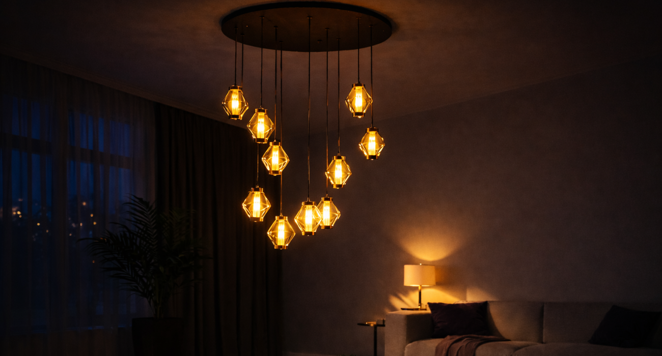 “Modern chandelier lighting in a warm brown-toned living room interior at night”