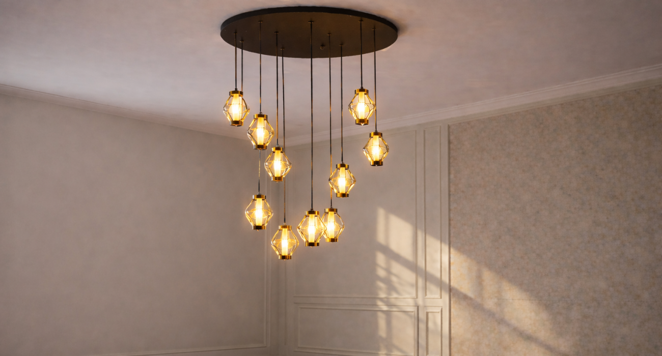 “Modern chandelier lighting in a warm brown-toned living room interior at night”