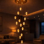 Elegant cascading chandelier lighting in a modern double height living room with gold ceiling plate and crystal pendant drops.