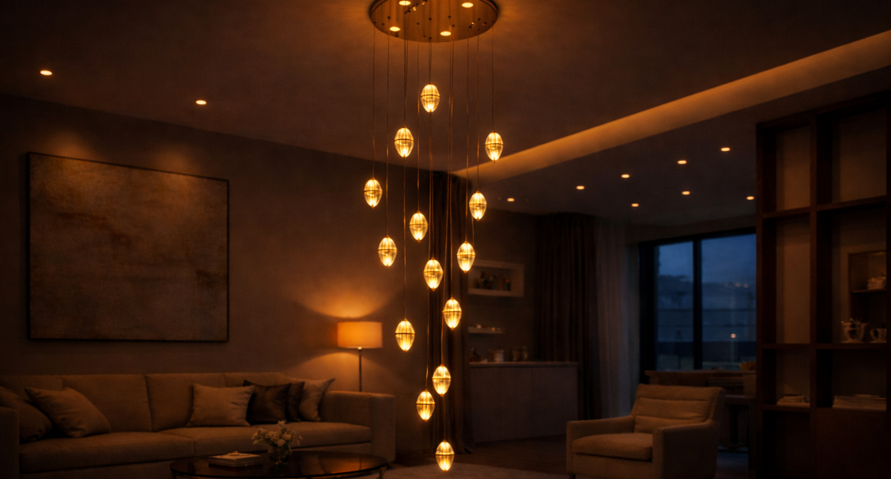 Elegant cascading chandelier lighting in a modern double height living room with gold ceiling plate and crystal pendant drops.