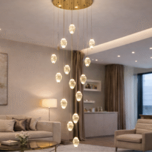 Elegant cascading chandelier lighting in a modern double height living room with gold ceiling plate and crystal pendant drops.
