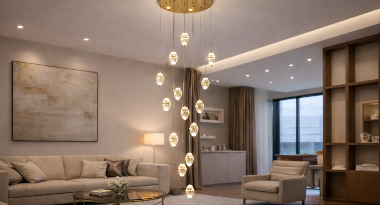 Elegant cascading chandelier lighting in a modern double height living room with gold ceiling plate and crystal pendant drops.