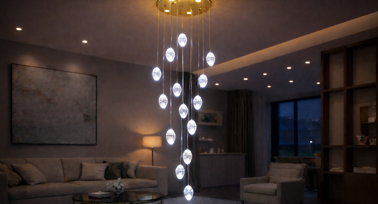 Elegant cascading chandelier lighting in a modern double height living room with gold ceiling plate and crystal pendant drops.